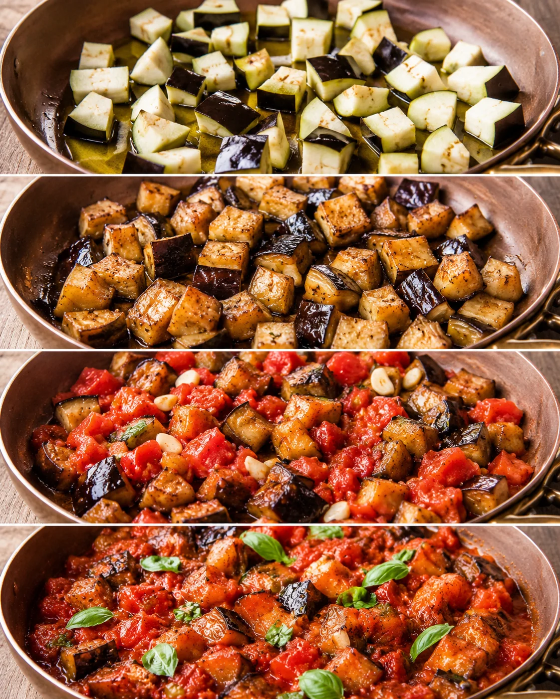 Step-by-step process of cooking eggplant with tomatoes in a skillet