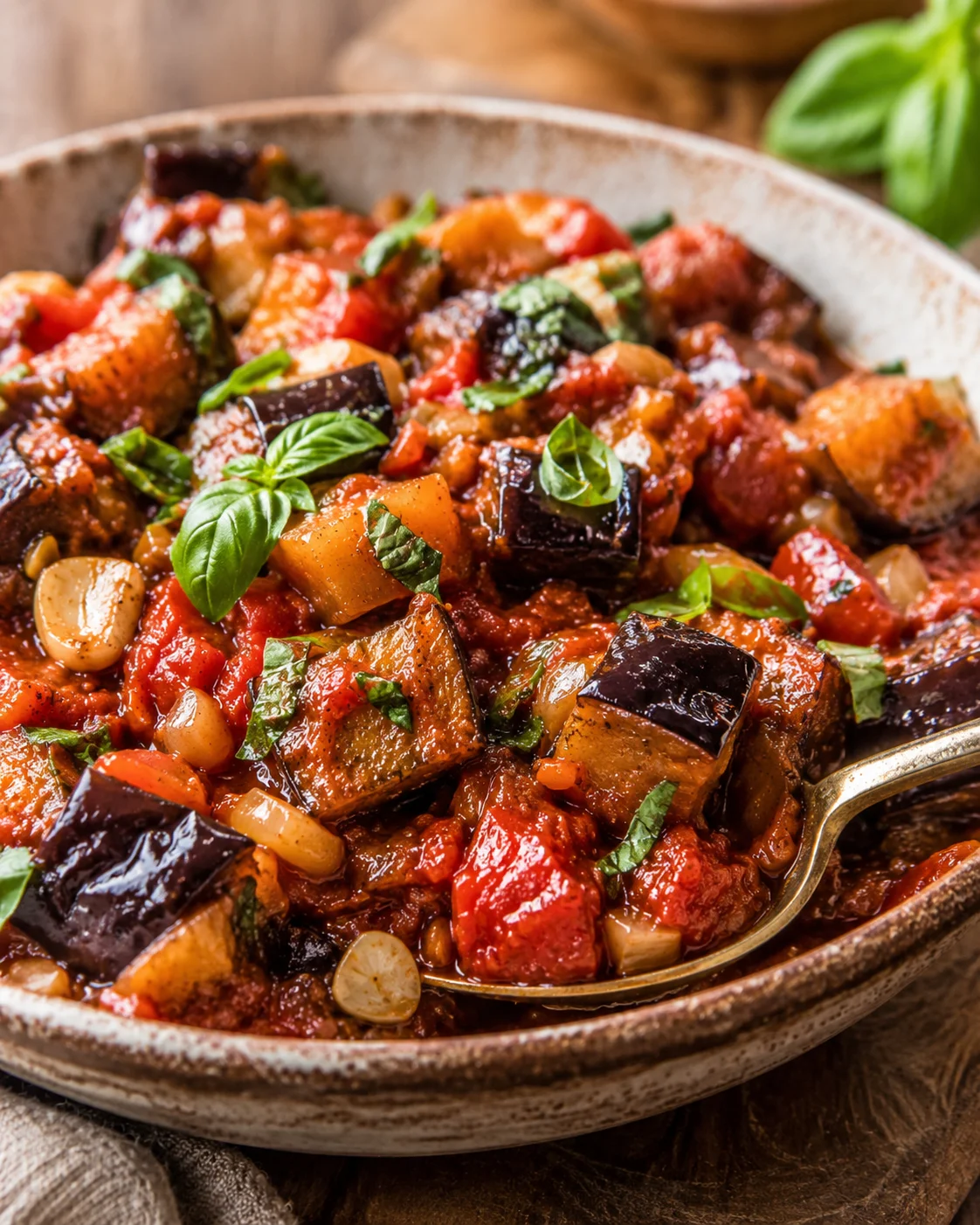 Close-up of a flavorful Italian eggplant dish with tomatoes and basil in a rustic bowl