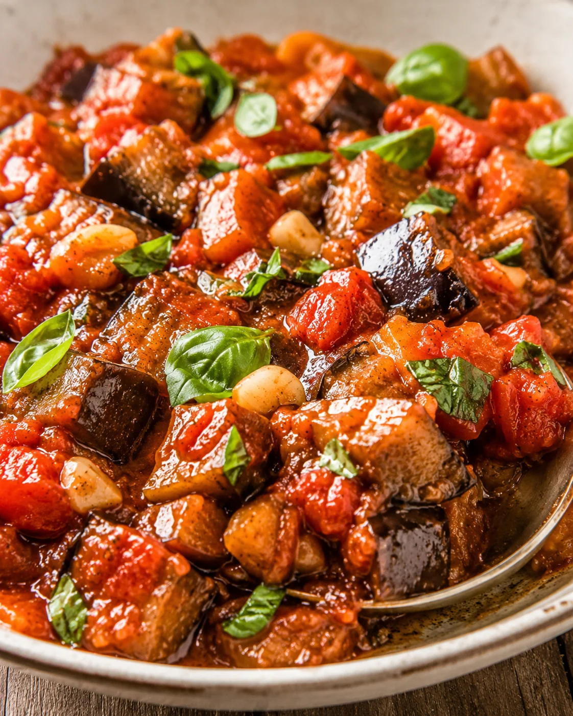 Close-up of sautéed eggplant with tomatoes, garlic, and fresh basil in a rustic Italian style
