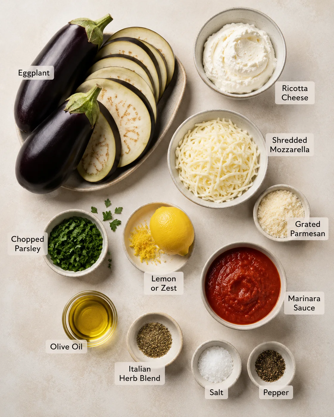 Fresh eggplant slices, ricotta cheese, and shredded mozzarella for rollatini.