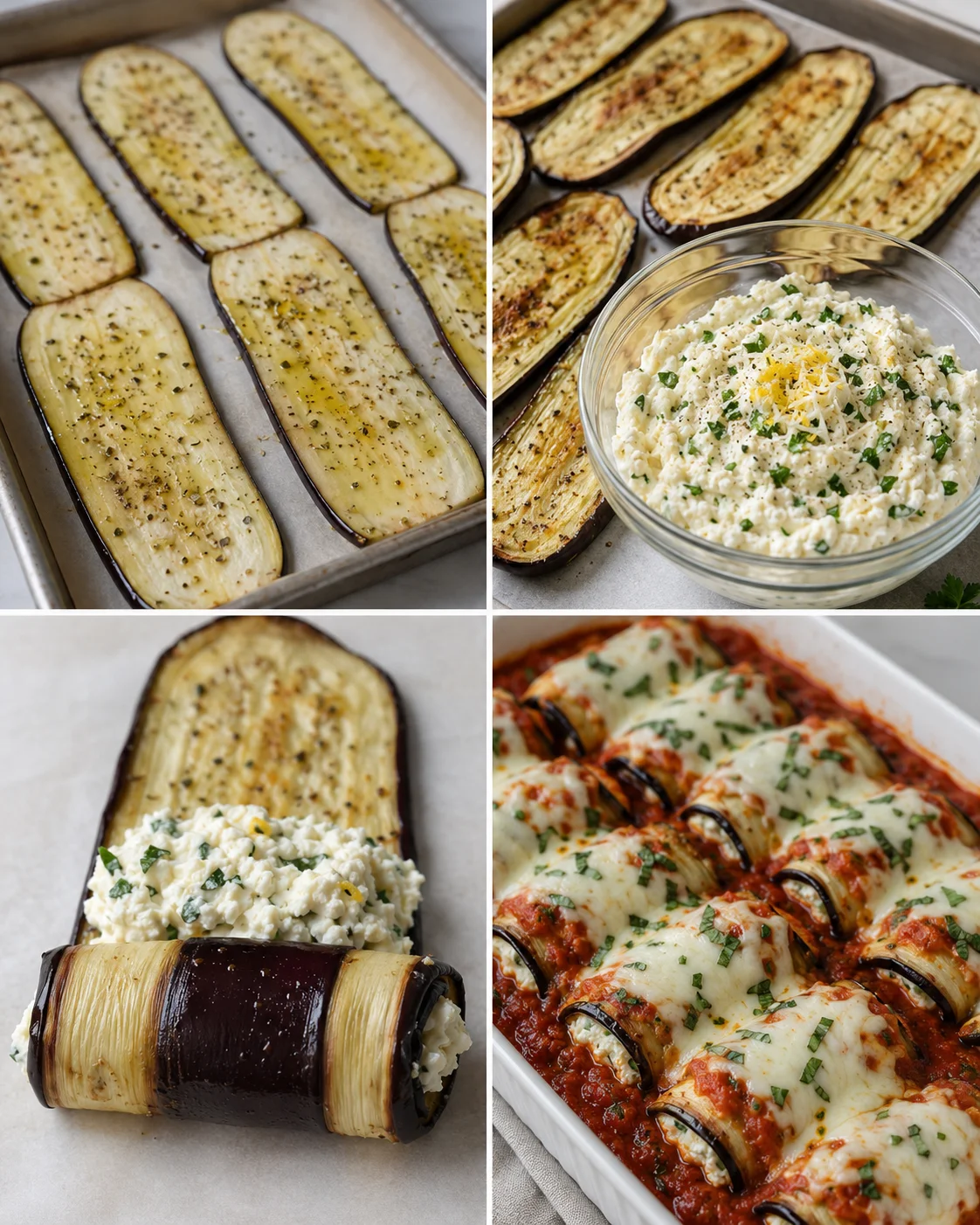 Preparation of eggplant slices for healthy Italian rollatini with creamy filling