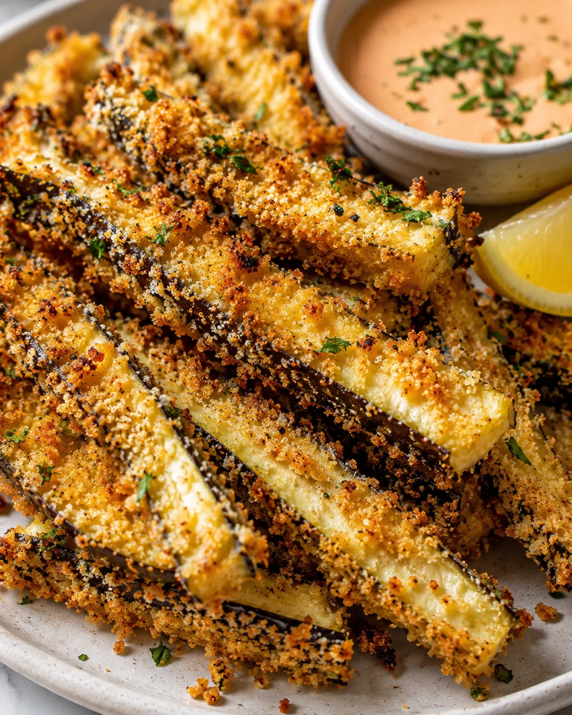 Crispy baked eggplant fries with golden panko coating and dipping sauce