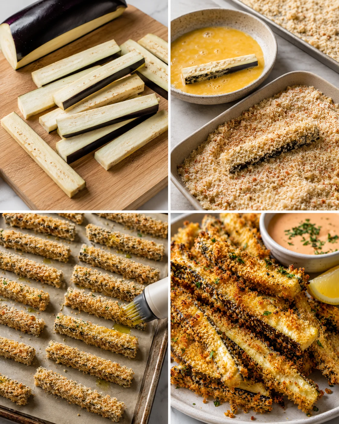 Golden baked eggplant fries ready for dipping with a crispy coating.