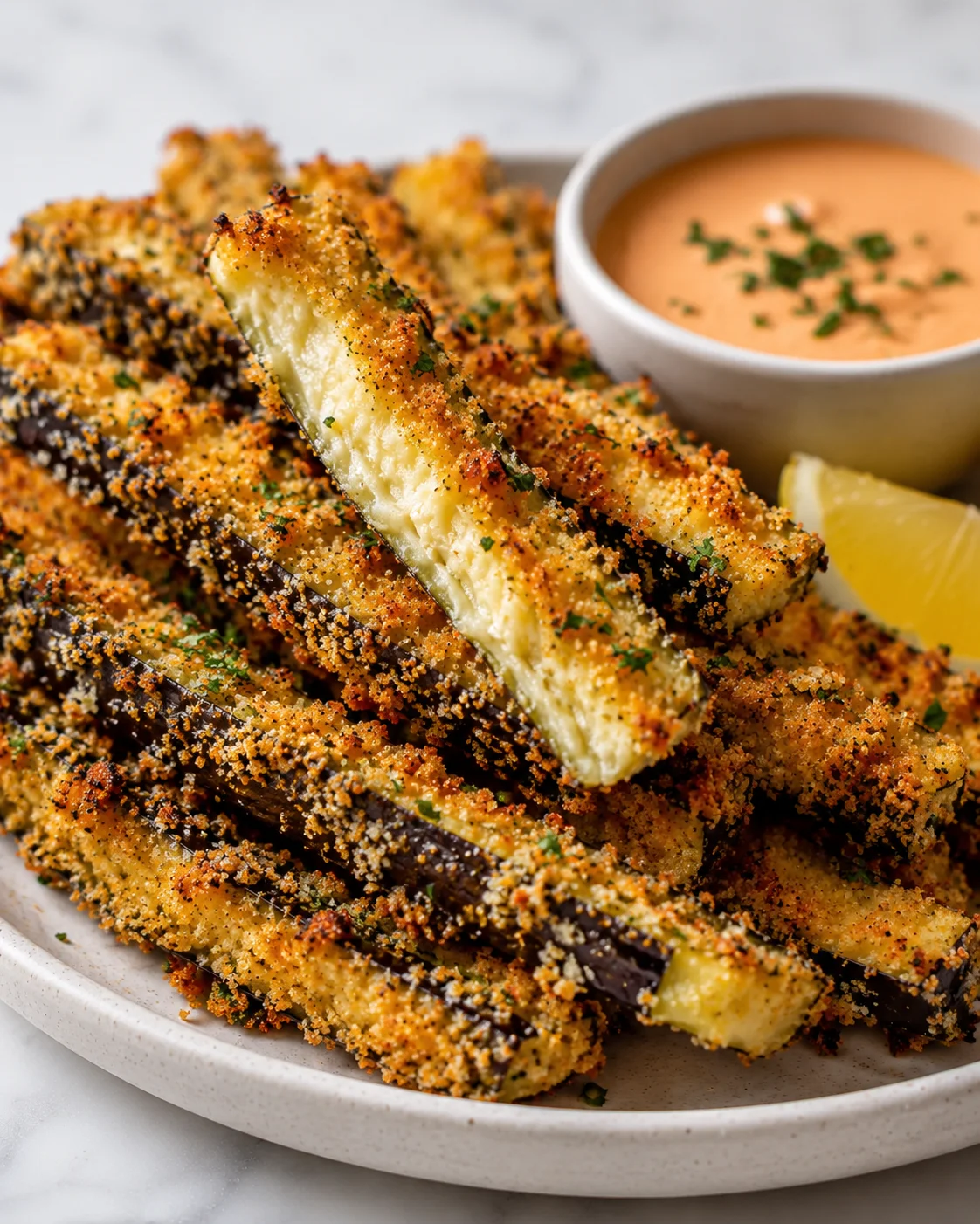 Golden baked eggplant fries with dipping sauce and lemon wedge on a plate.