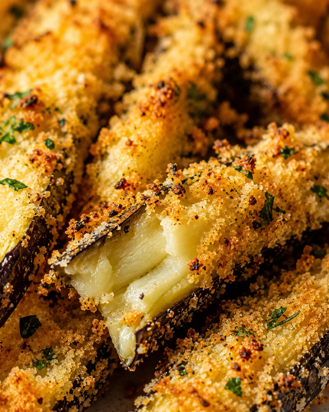 Golden crispy baked eggplant fries with a seasoned breadcrumb coating and fresh herbs.