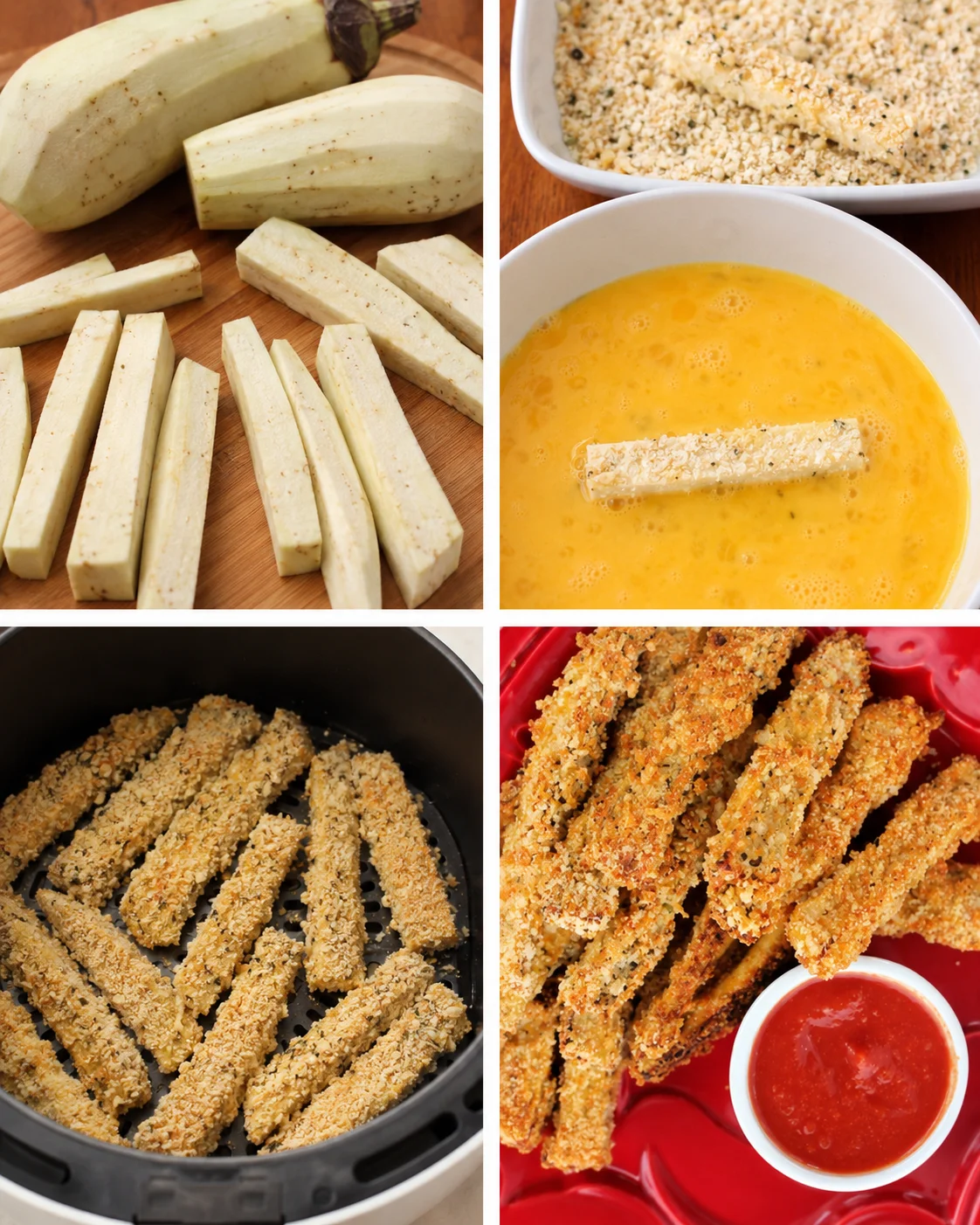 Golden crispy eggplant fries cooked in an air fryer, ready to serve with dipping sauce.