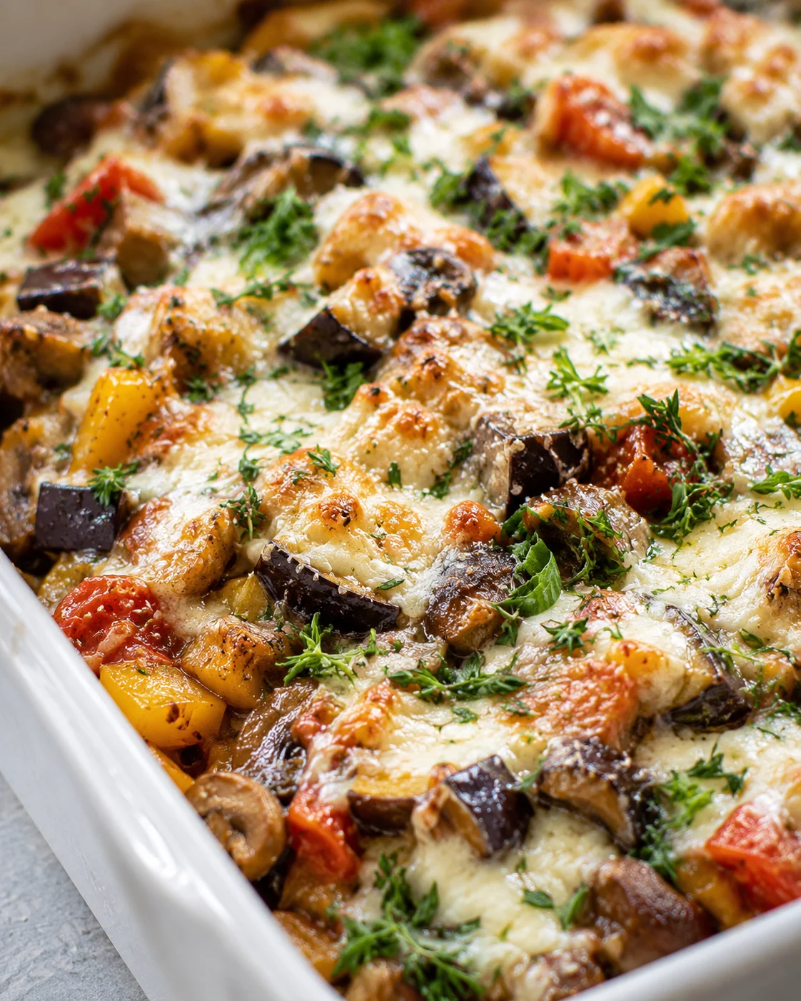 Baked eggplant casserole with melted cheese, fresh herbs, and colorful vegetables.