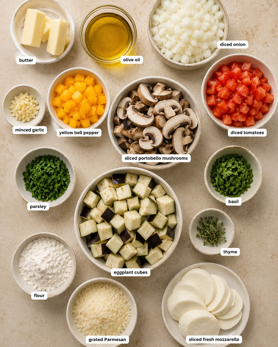 Colorful ingredients for eggplant casserole: diced tomatoes, mushrooms, cheeses, herbs, and spices.