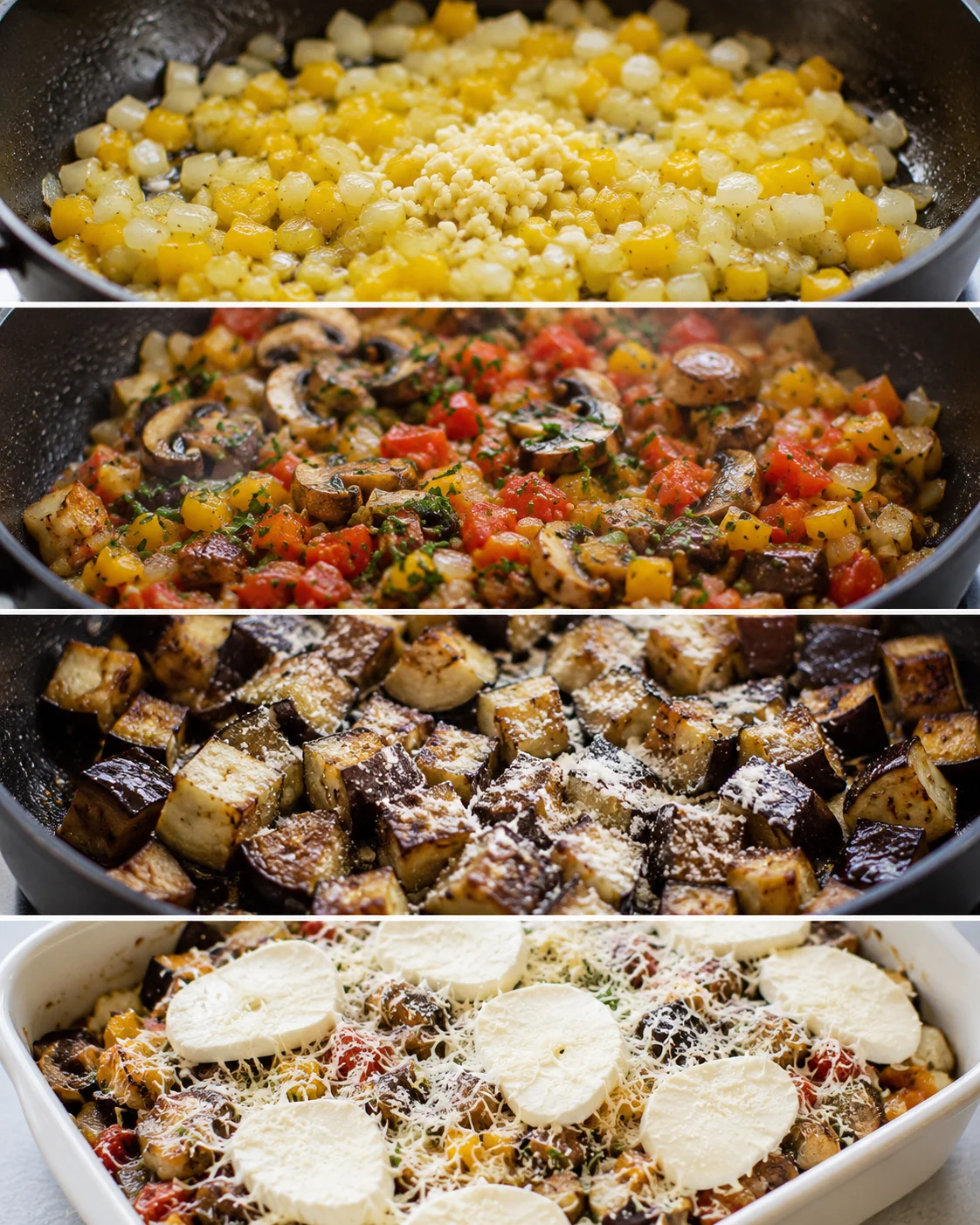 Layers of roasted vegetables and melted cheese in a baked casserole dish.