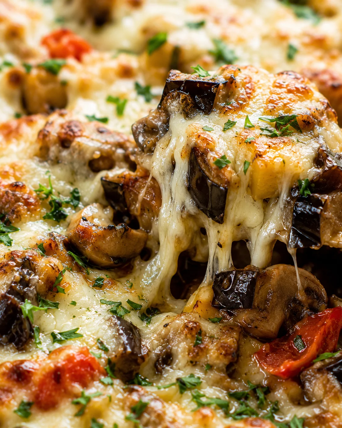 Close-up of cheesy baked eggplant casserole with melted cheese and fresh herbs