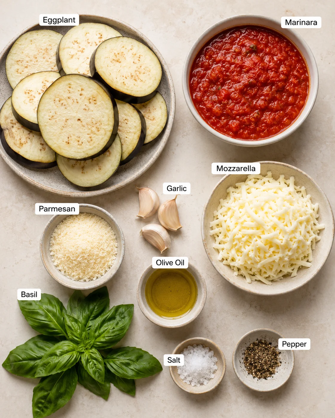 Assorted ingredients including eggplant, marinara sauce, cheese, and herbs arranged on a table.