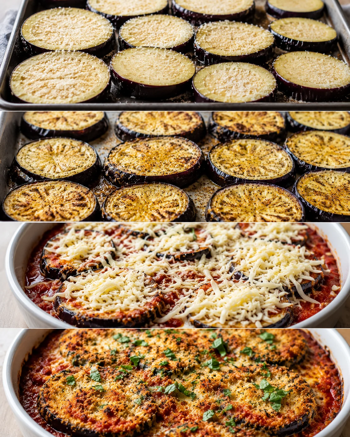 Layers of roasted eggplant with tomato sauce and melted cheese in a baking dish.