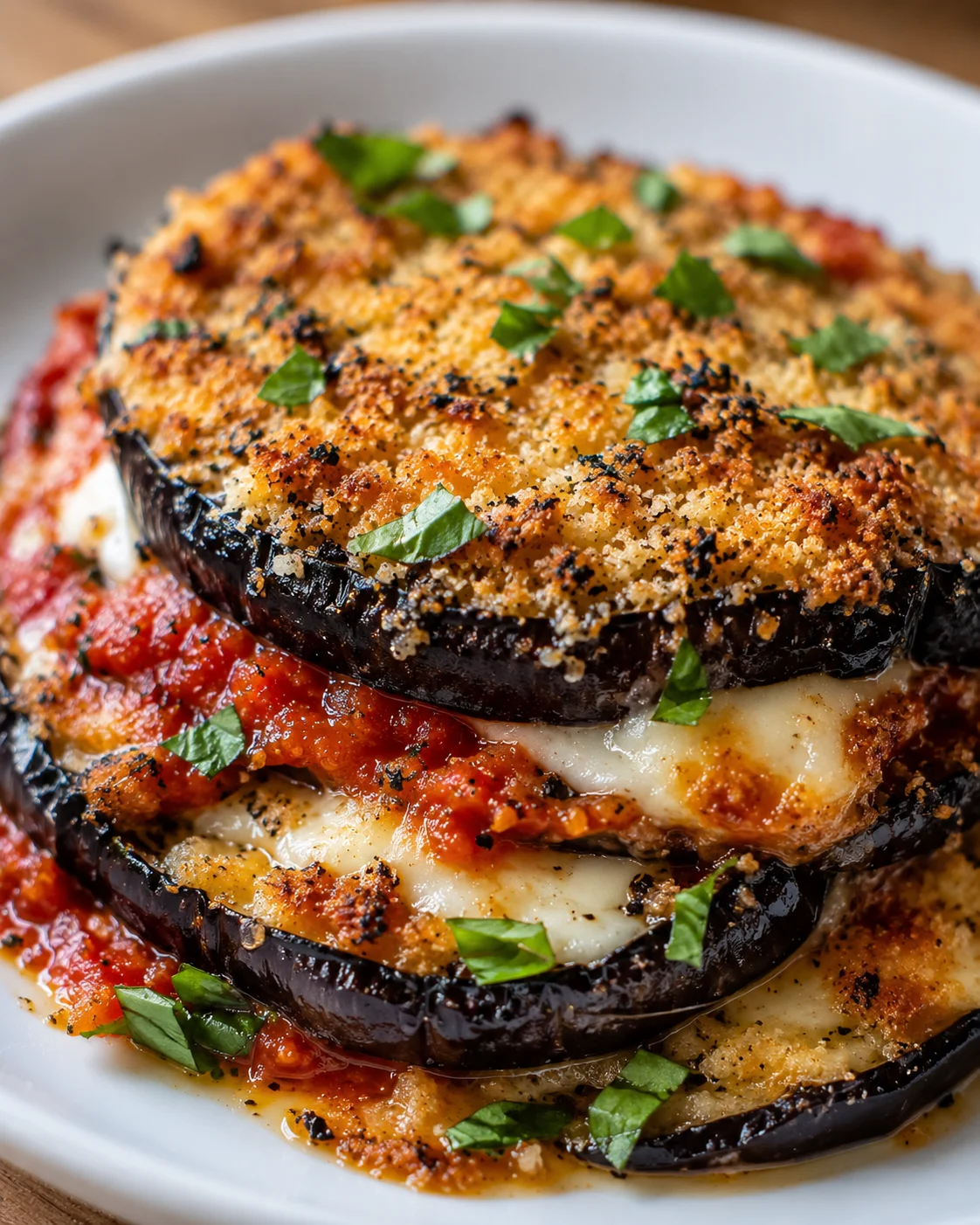 Delicious oven-baked Italian eggplant layered with cheese and herbs on a white plate
