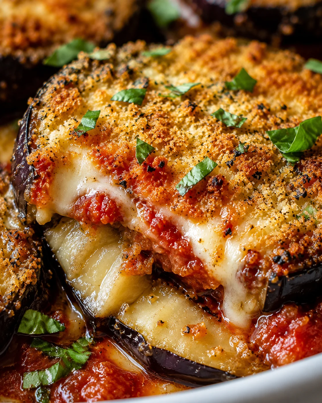 Close-up of golden, cheesy oven-baked eggplant topped with fresh herbs