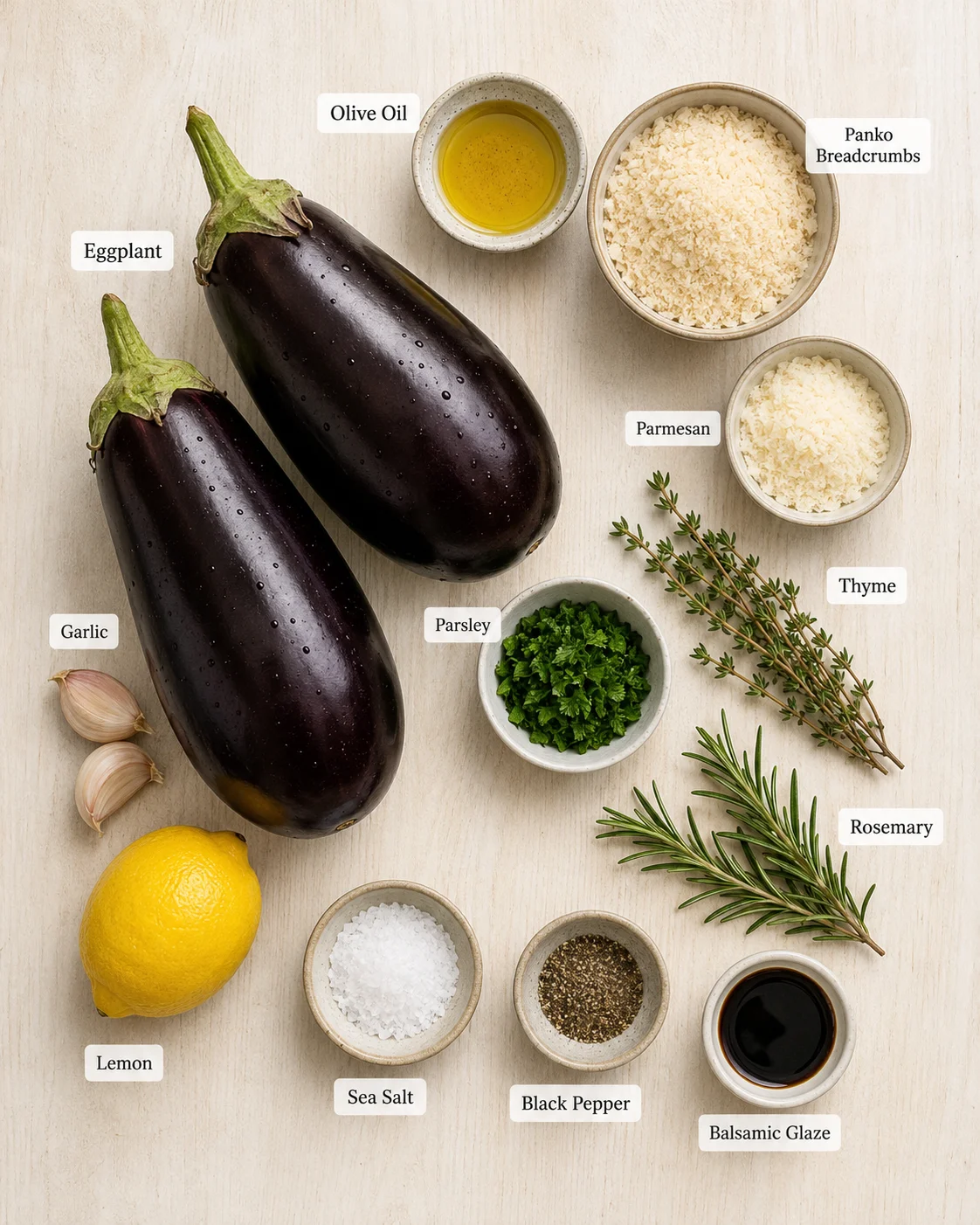 Fresh eggplants with ingredients for crispy garlic herb eggplant slices on a light wooden surface.