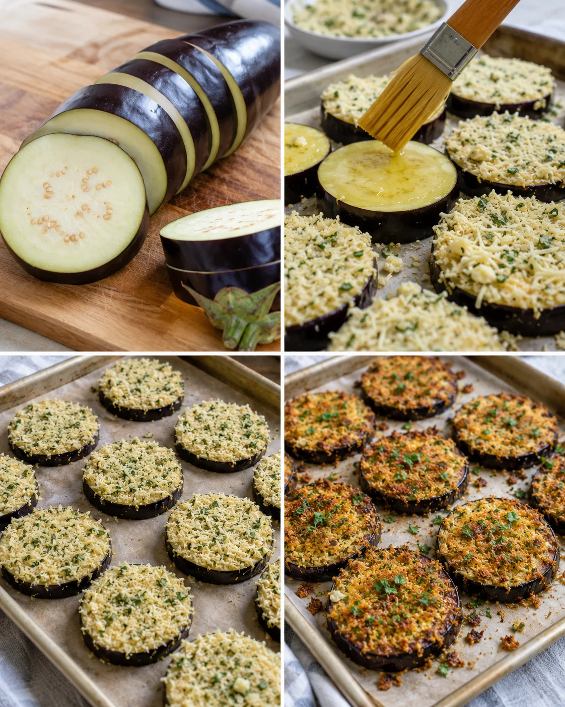 Golden crispy eggplant slices with garlic and herb crust fresh out of the oven