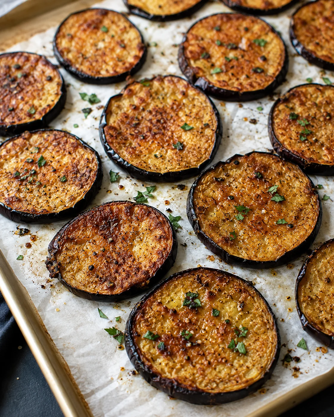 Golden, crispy eggplant slices topped with herbs and served on baking sheet.