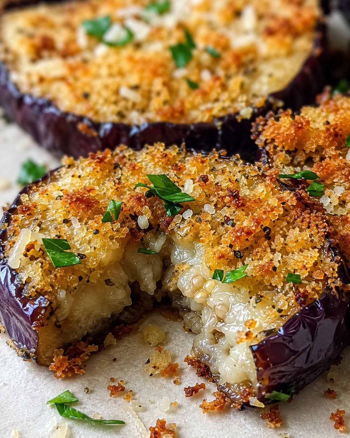 Golden, crunchy eggplant slices topped with herbs and breadcrumbs, fresh from the oven.
