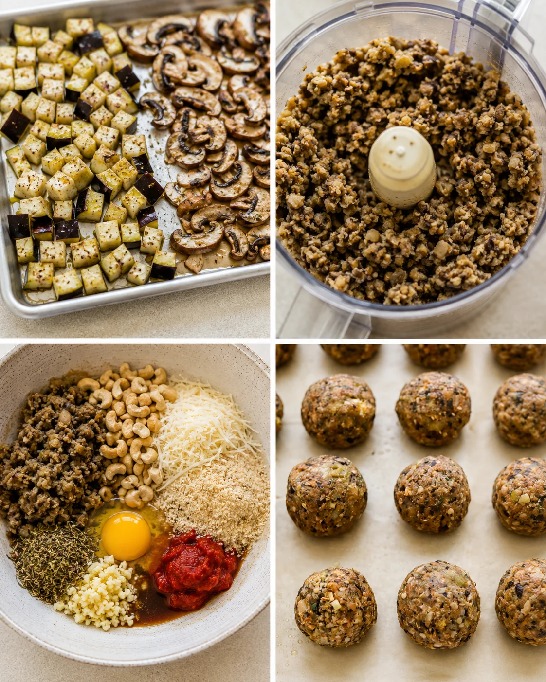 Vegetarian eggplant meatballs prepared with mushrooms, garlic, and Italian seasonings.