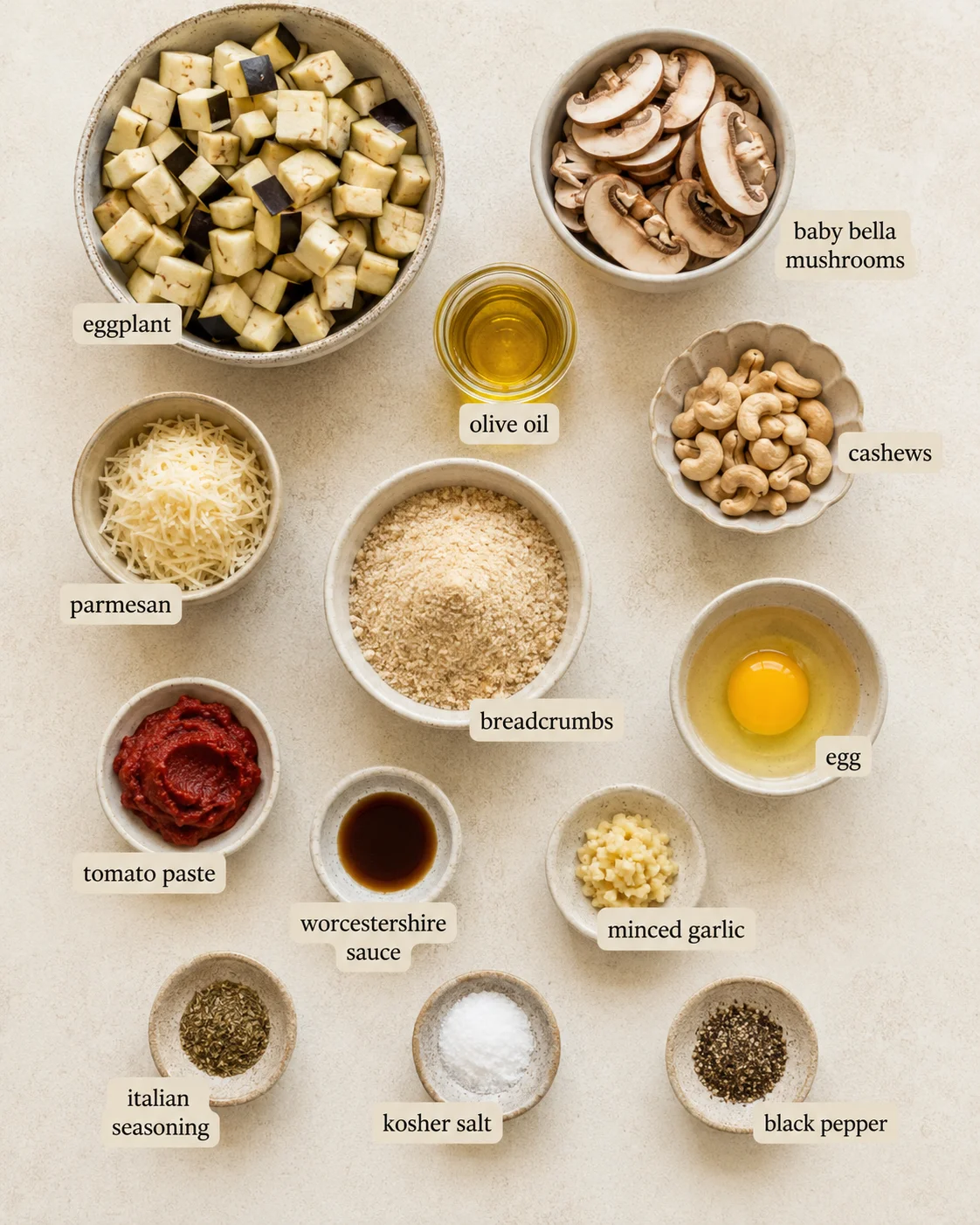 Bowl of chopped eggplant, mushrooms, and ingredients for vegetarian meatballs