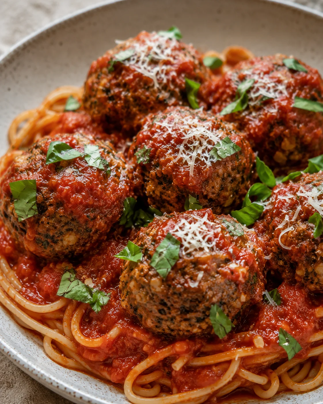 Close-up of vegetarian eggplant meatballs served over spaghetti with tomato sauce.