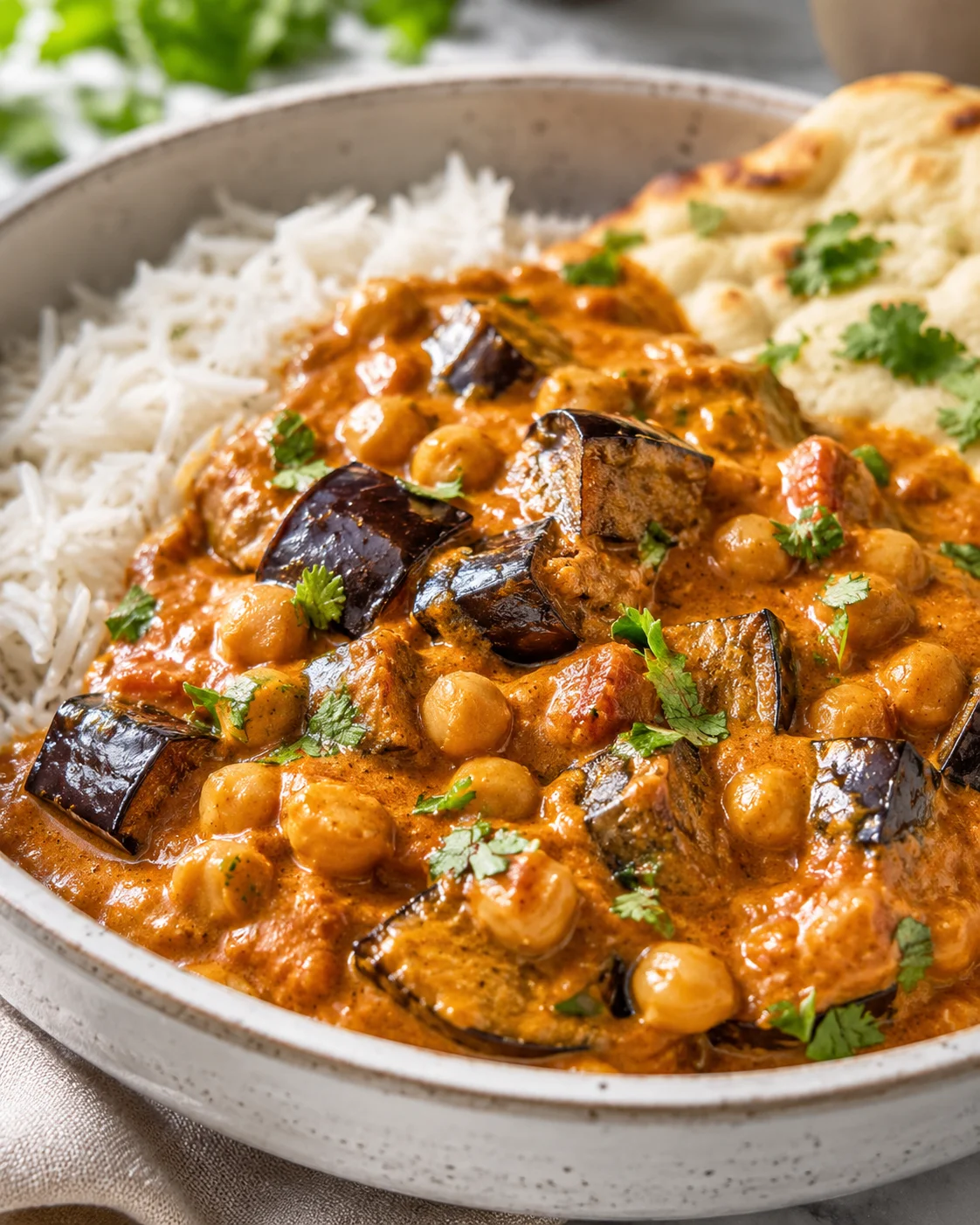 Creamy, tomato-based eggplant curry served with rice and garnished with cilantro