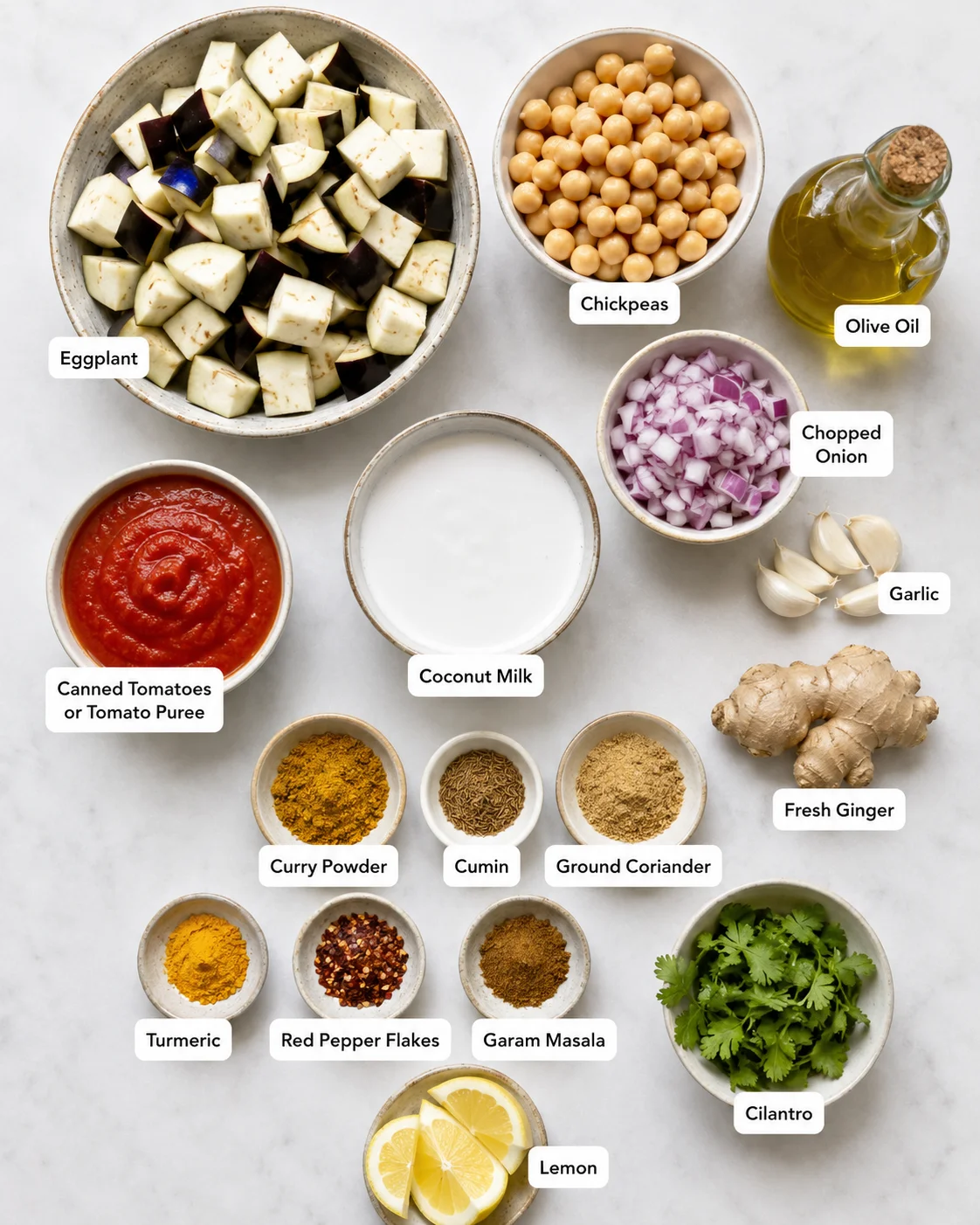 Assorted fresh ingredients for flavorful eggplant curry on a white surface.