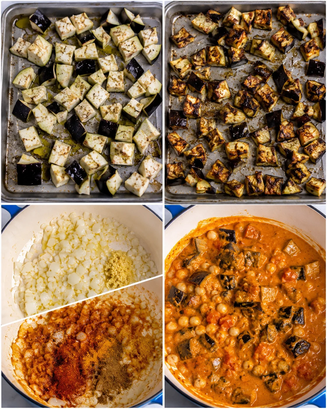 Steps showing roasted eggplant pieces and the finished flavorful curry dish.