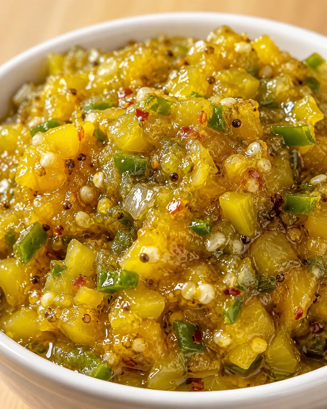 Close-up of vibrant homemade banana pepper relish in a white dish.