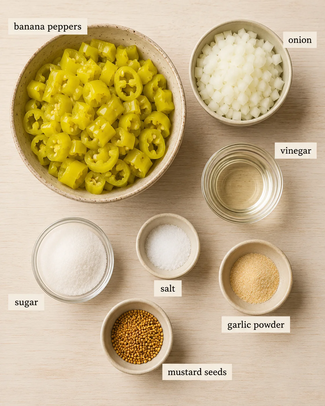 Bowl of chopped banana peppers with onion, vinegar, and spices for relish