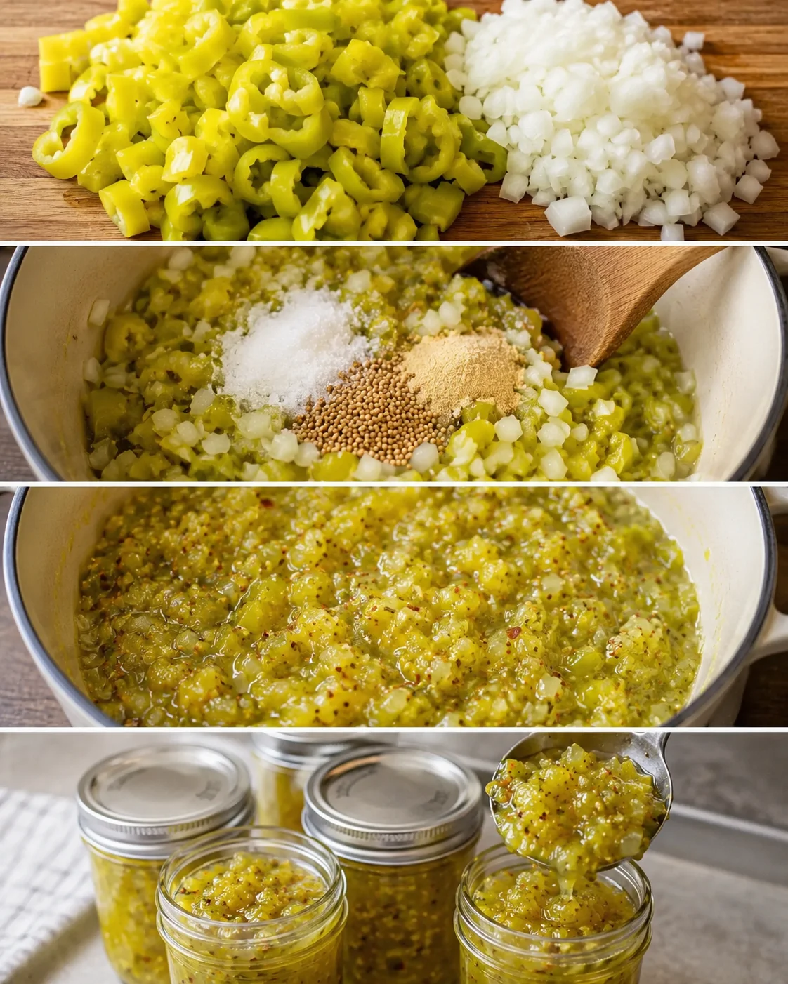 Bright yellow banana peppers and finely chopped onions in a cooking process.
