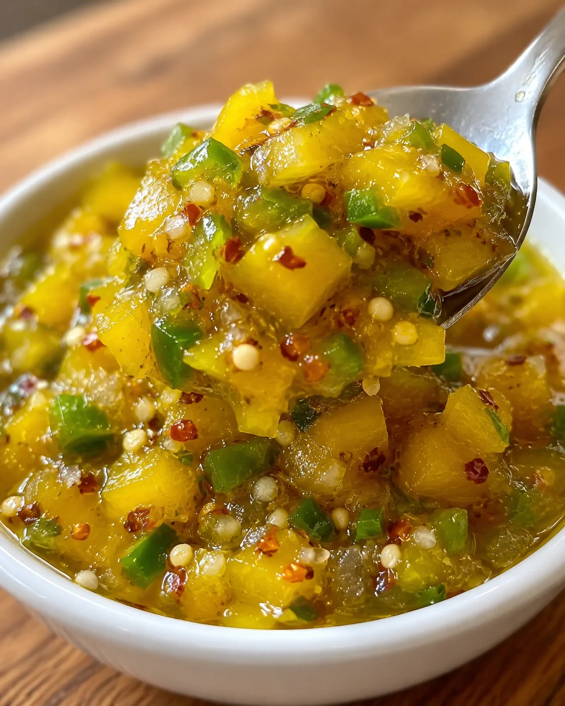 Close-up of bright yellow relish with peppers and spices in a spoon