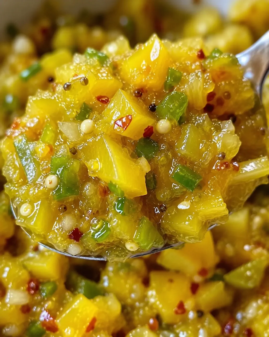 Close-up of vibrant homemade banana pepper relish in a spoon.