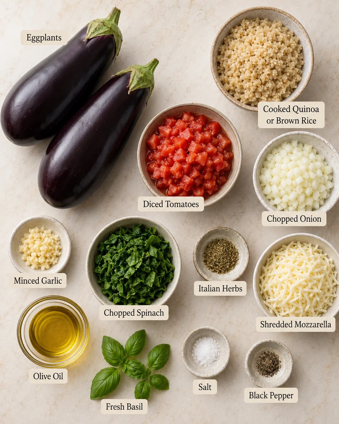 Ingredients for savory Italian baked stuffed eggplant displayed on a light surface.