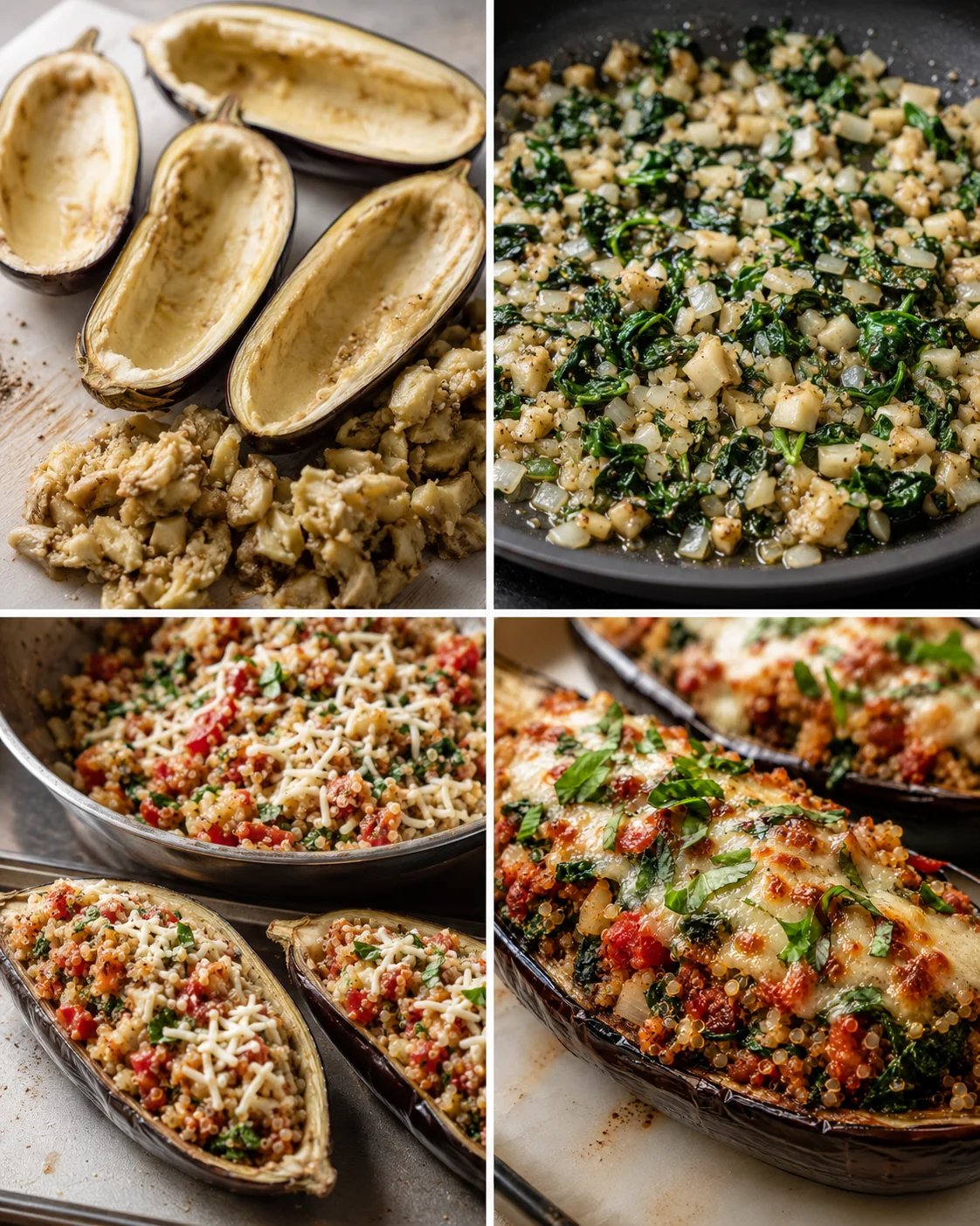 Step-by-step images of preparing and baking stuffed eggplants with colorful ingredients.
