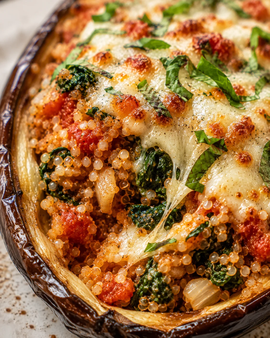 Close-up of baked stuffed eggplant topped with cheese and fresh herbs.