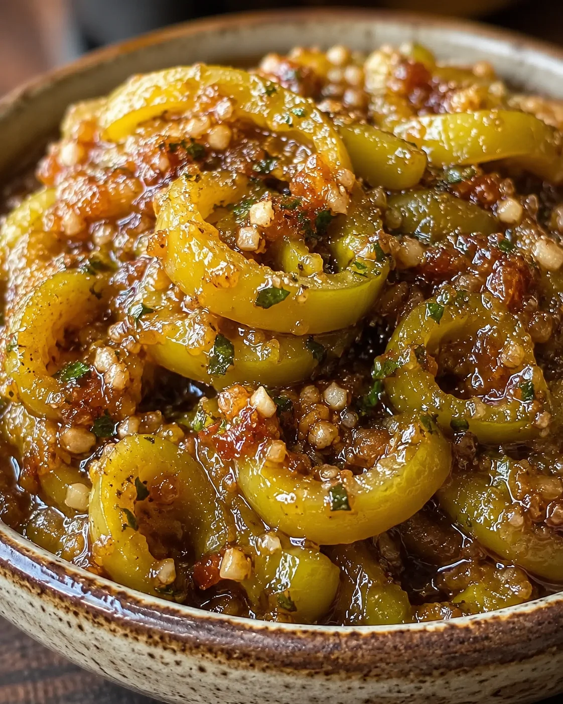 Close-up of tender banana peppers with brown butter in a rustic bowl.