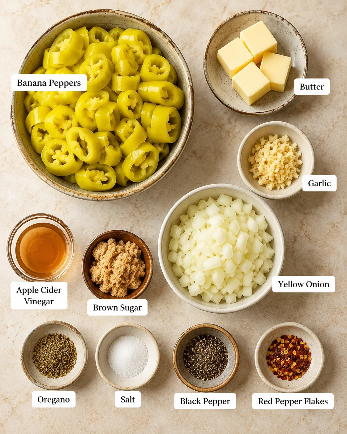 Colorful bowls display banana peppers, butter, garlic, onion, and spices for recipe.