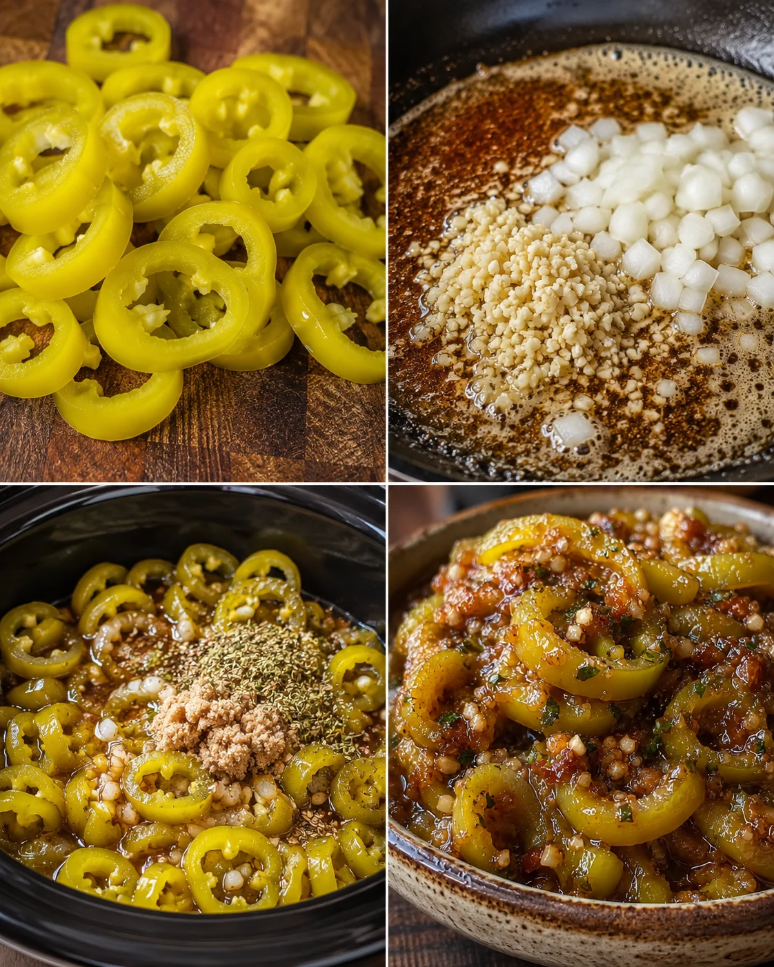 Golden banana peppers with brown butter cooking in a slow cooker.