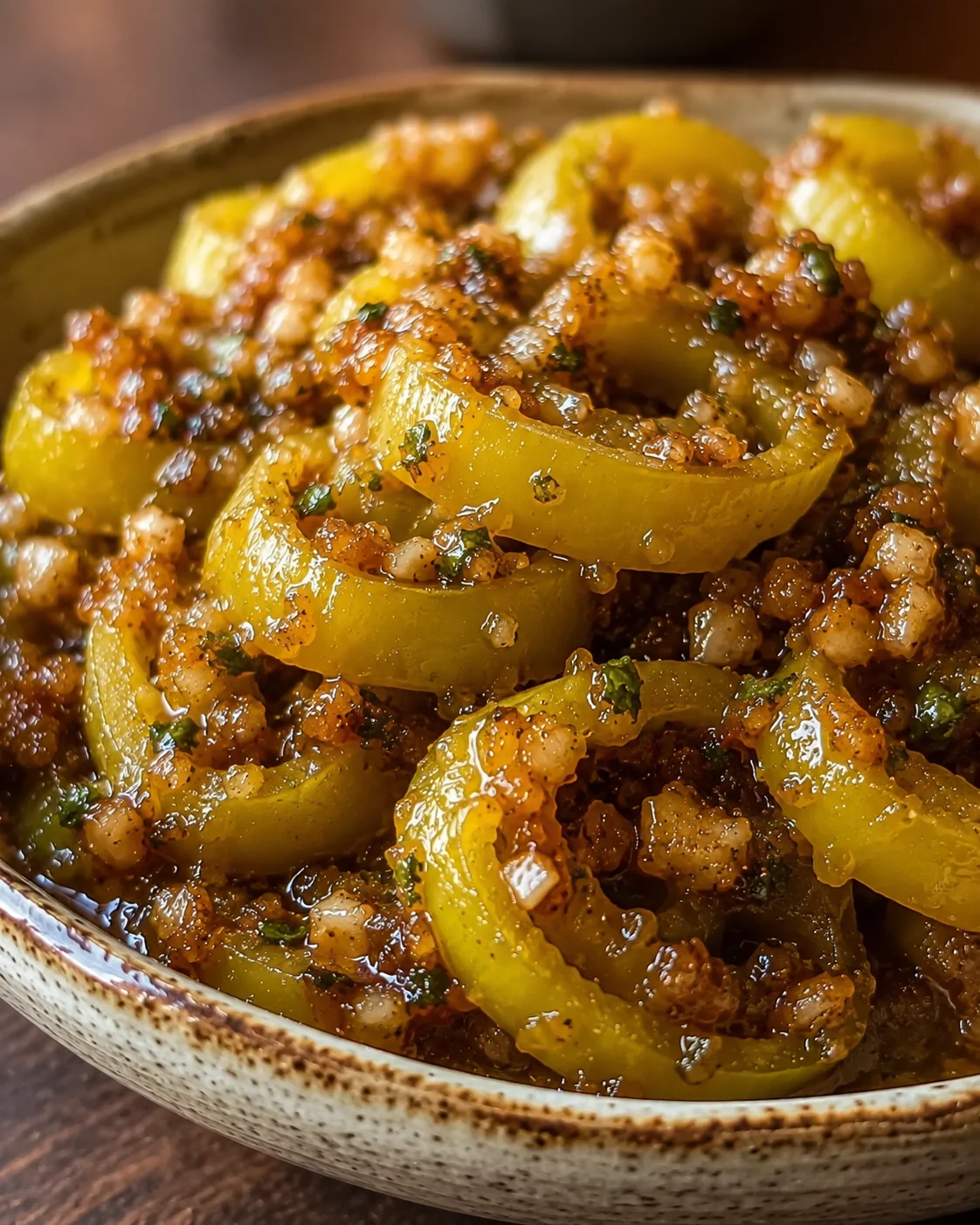 Close-up of cooked banana peppers with brown butter and spices in a bowl