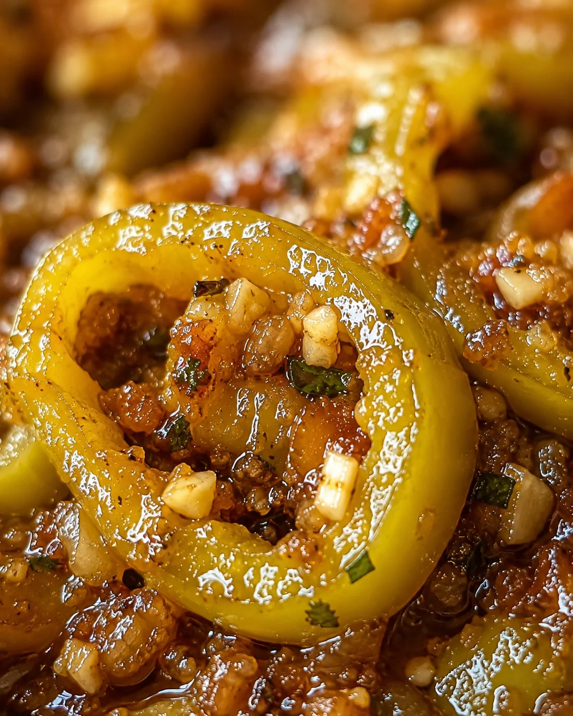 Close-up of tender banana peppers in a savory brown butter sauce.