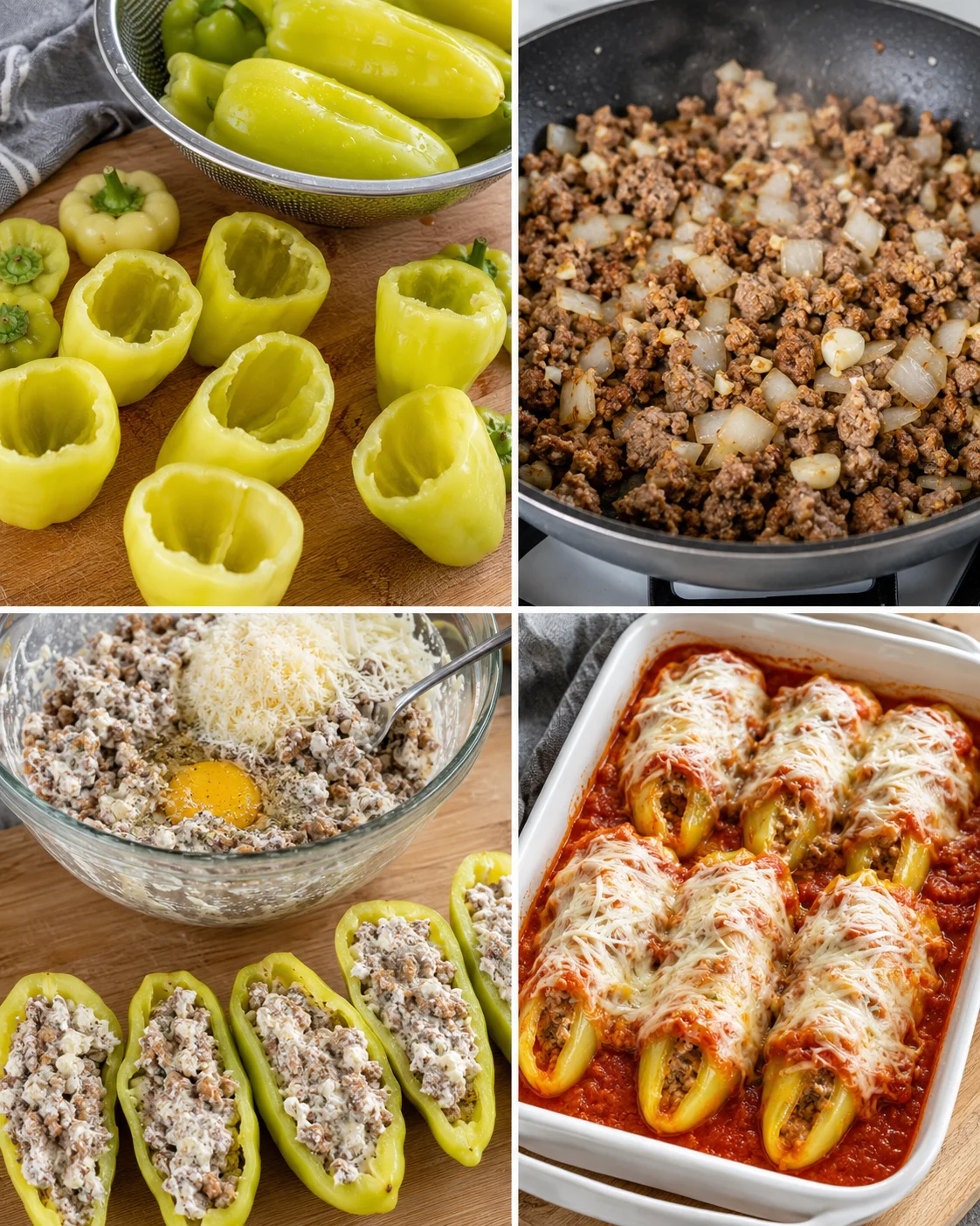 Close-up of stuffed banana peppers with sausage, cheese, and toppings ready to bake.
