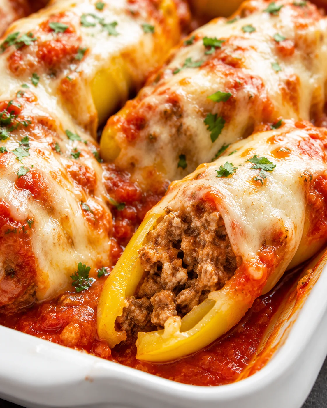 Close-up of cheesy, stuffed banana peppers topped with herbs and melted cheese.