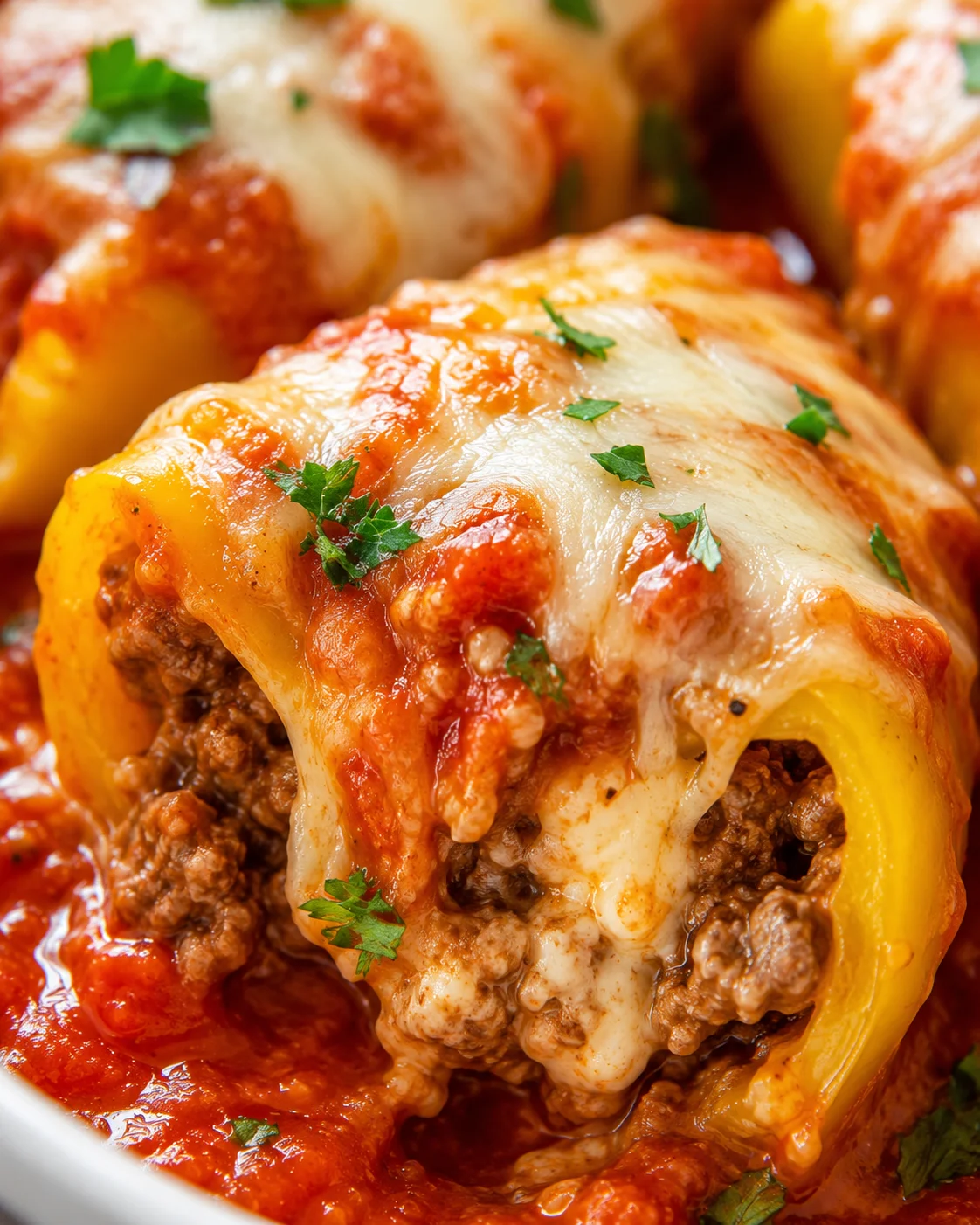 Close-up of cheesy, baked stuffed banana peppers topped with herbs.