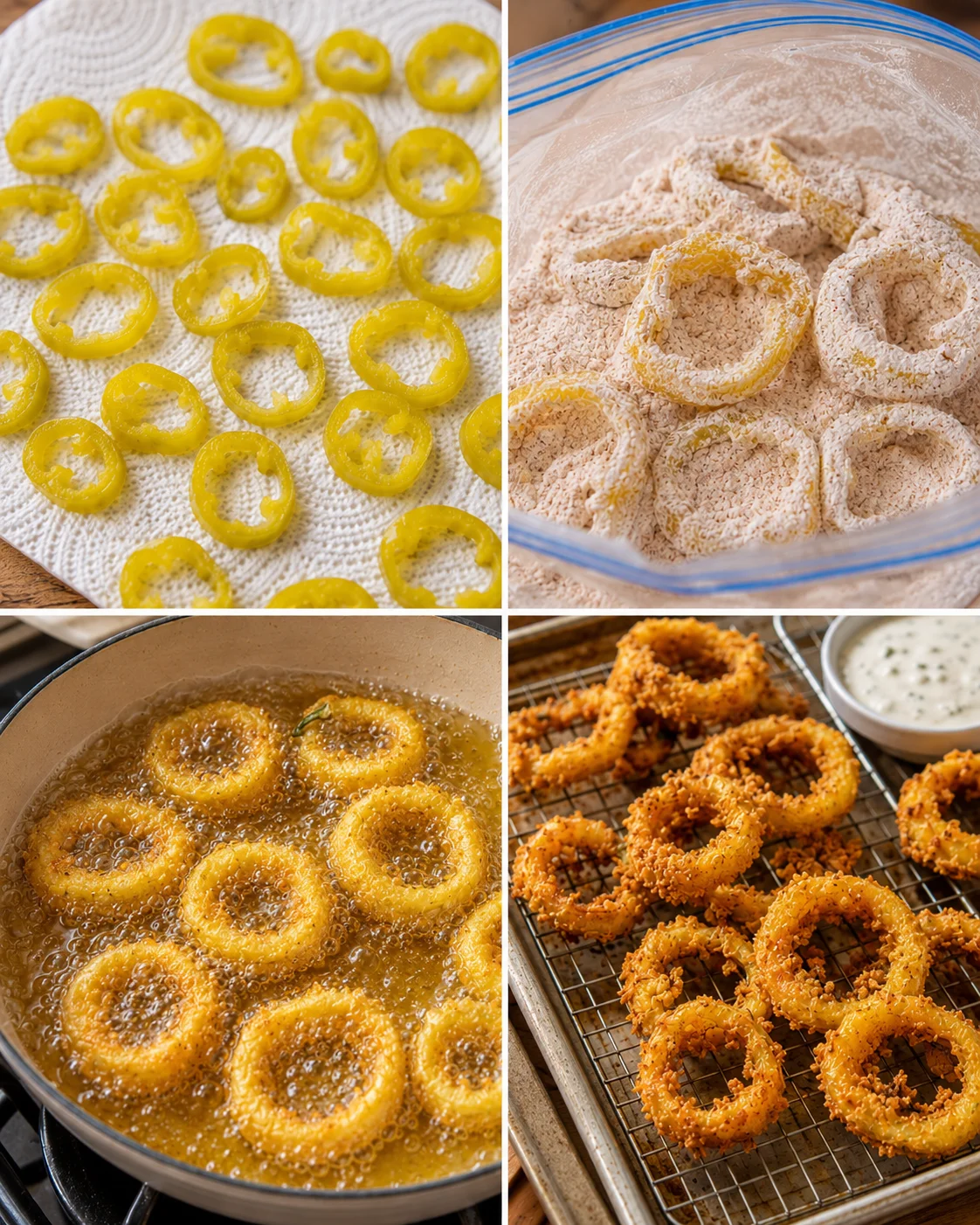 Golden fried banana peppers with crispy coating and tender interior.