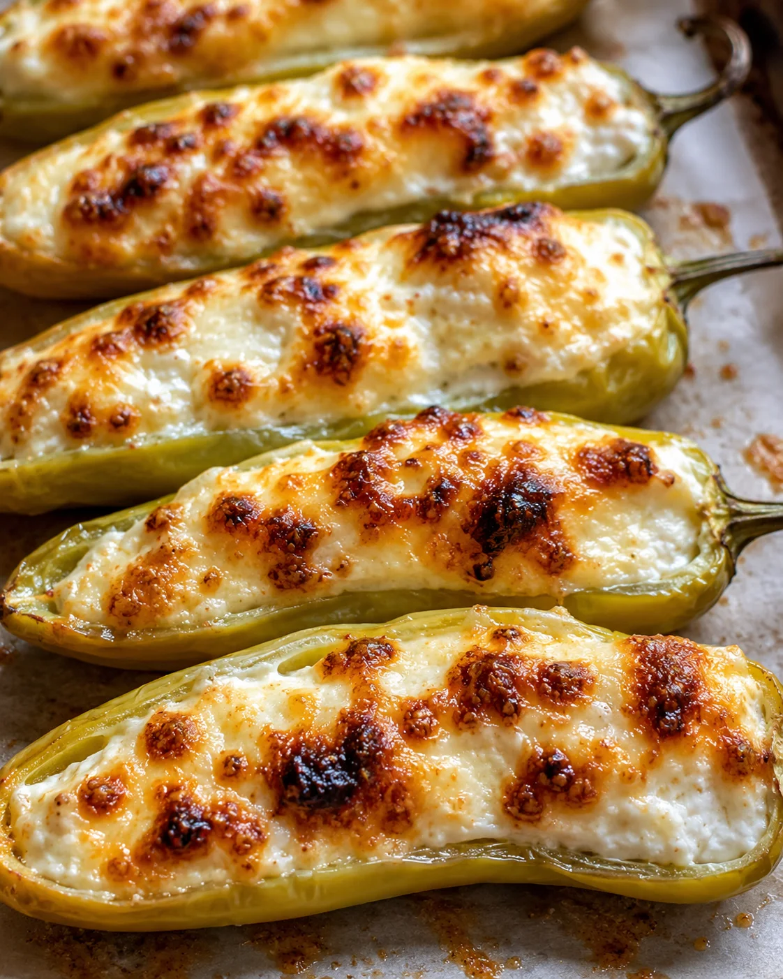 Baked banana peppers filled with creamy cheese and baked to golden perfection.