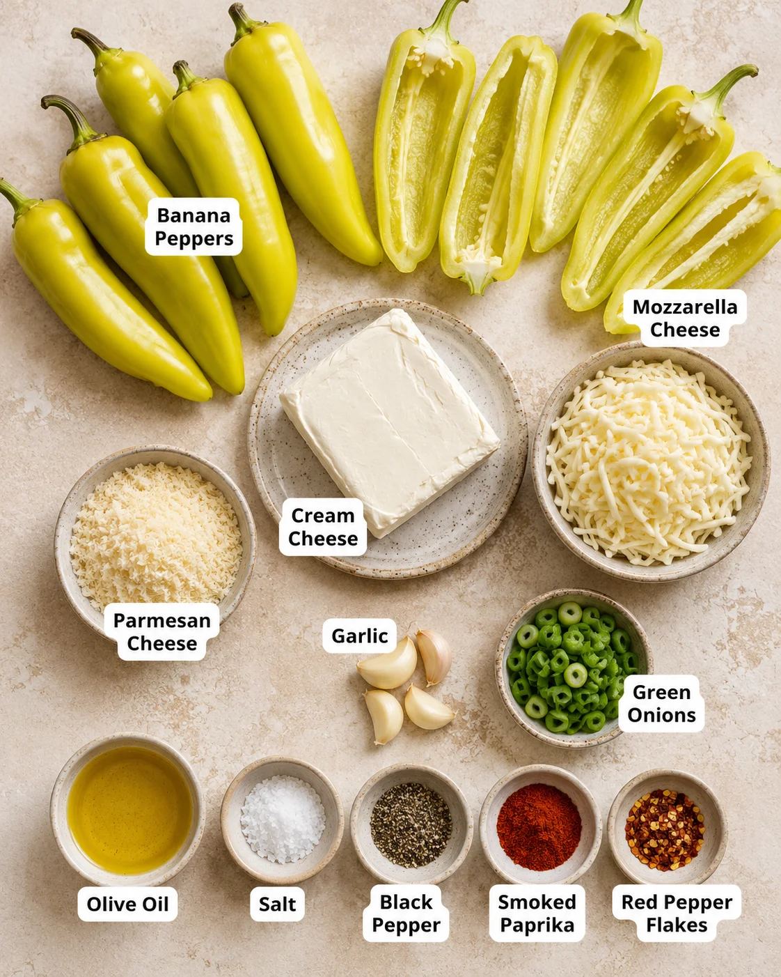 Fresh banana peppers with creamy cheese filling ready to bake or air fry.