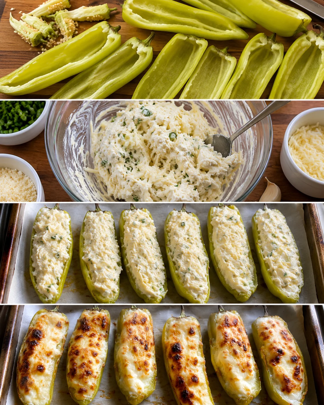 Baked banana peppers filled with creamy cheese mixture on baking tray