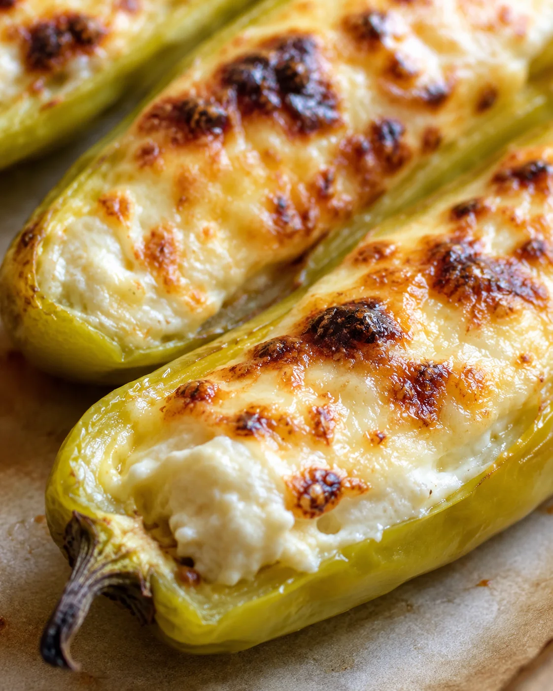 Close-up of baked banana peppers filled with creamy cheese and topped with melted cheese.