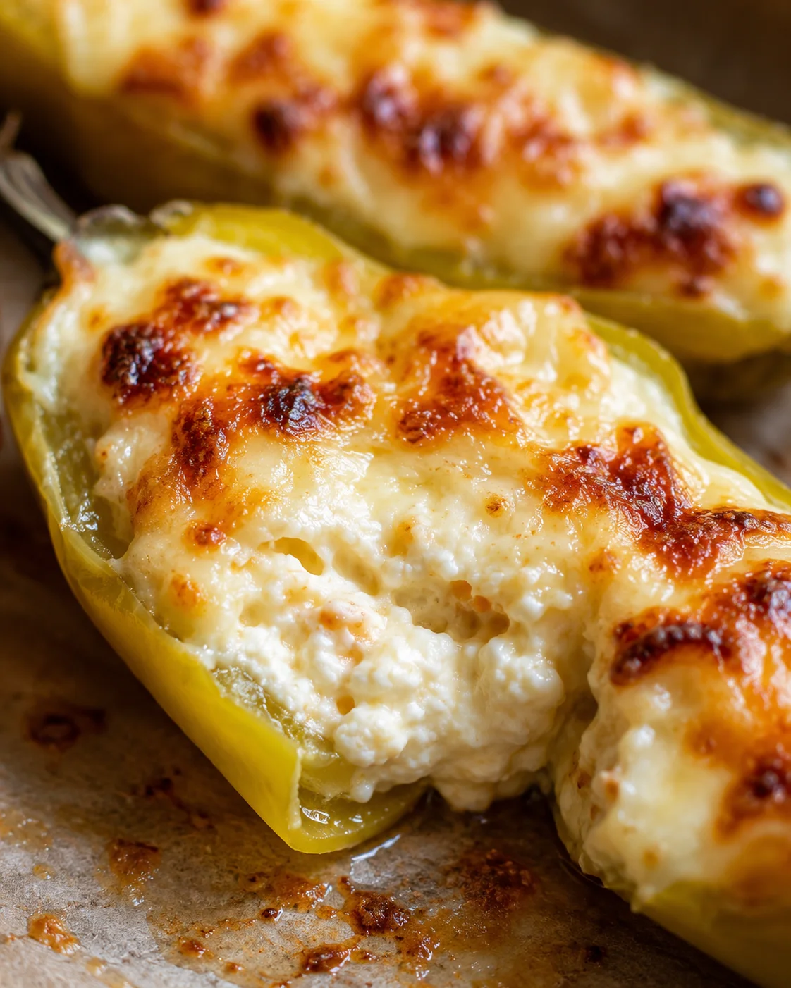 Delicious creamy stuffed banana peppers with melted cheese, ready to serve.